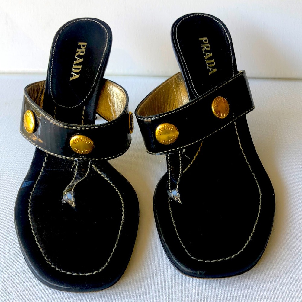 Prada Milano Ladies Black Italian Shoes Vero Cuoio with 3 gold button Size 38